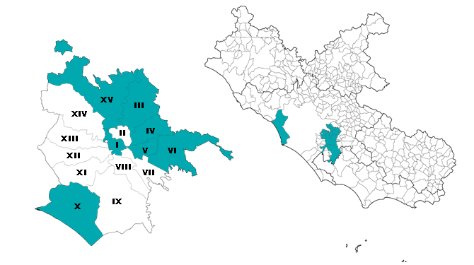 Mappa con evidenza dei Comuni del Lazio e dei Municipi di Roma interessati dall'intervento