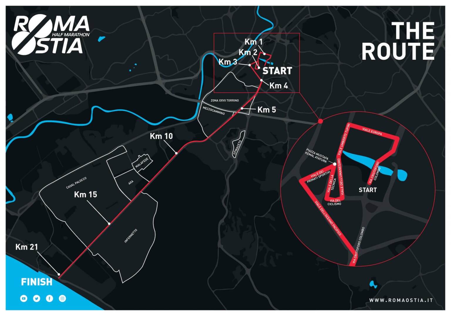 Route map of the half marathon Rome Ostia 2022